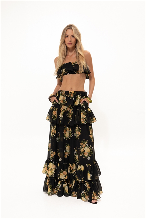 BLACK FLORAL RUFFLED TOP – VASSIA KOSTARA