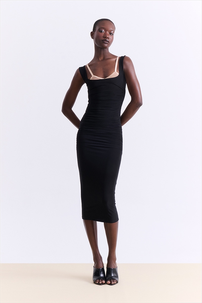BLACK FITTED MIDI DRESS – VASSIA KOSTARA