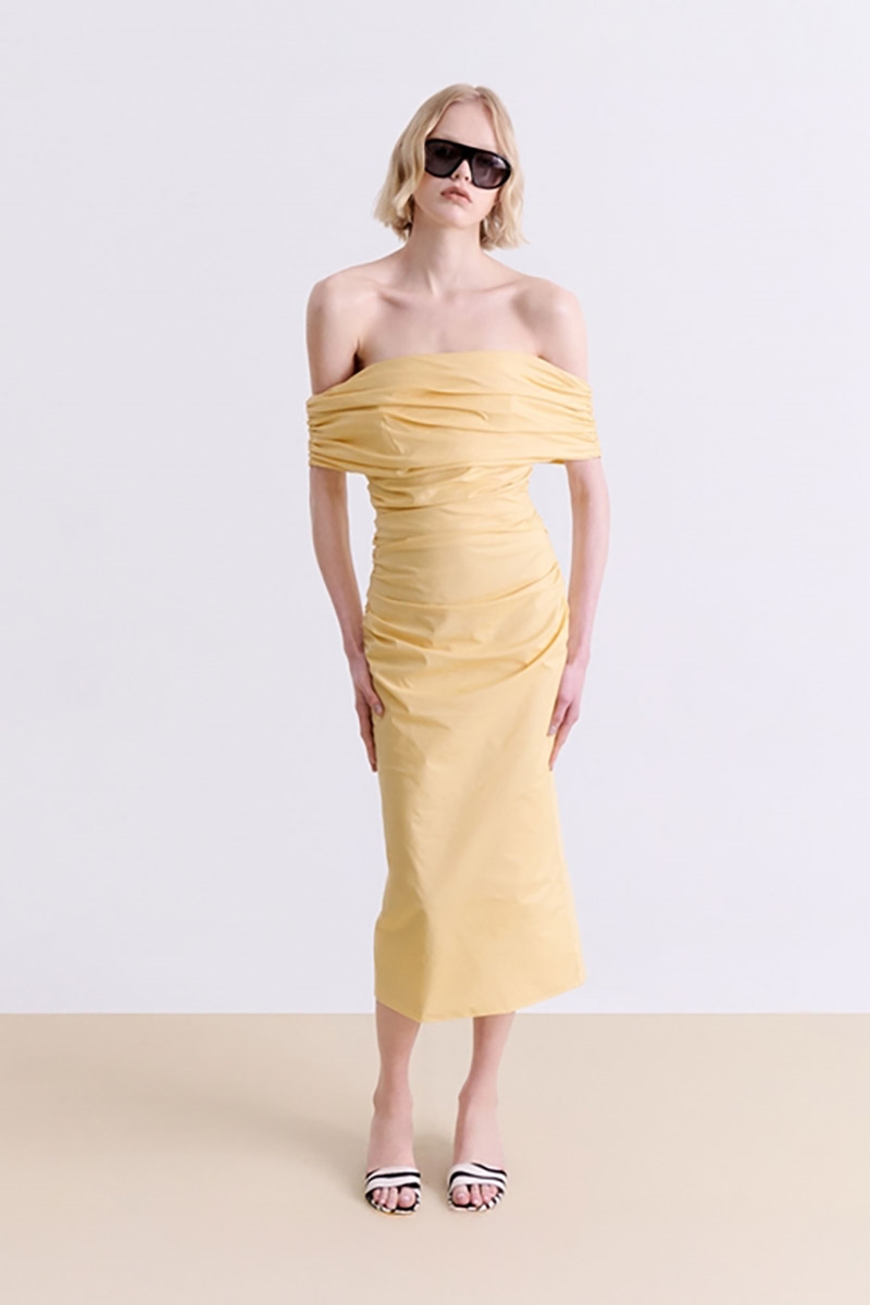 BUTTER YELLOW DRAPED DRESS – VASSIA KOSTARA